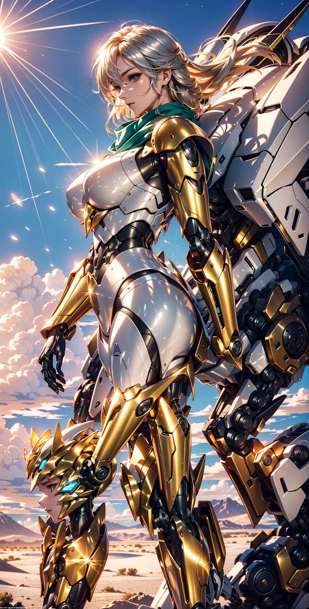 A girl 20 years old ( blonde hair, brown eyes, silver mecha armor) on a on a desert with sun in sky, green scarf

standing and with a big ass, big and voluptuous breasts, sensual and erotic, front view, with a large and erotic sex,nud, full body, front view