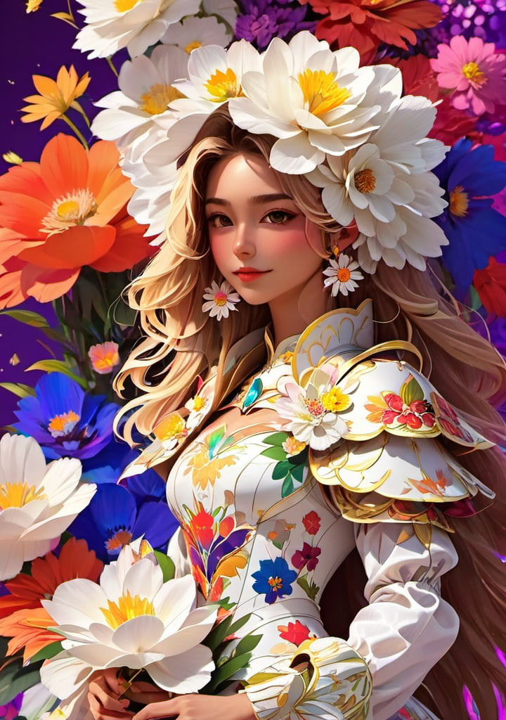 portrait,woman, flower dress, colorful, darl background,flower armor,white theme,dfdd,2d_animated,niji5,3d style