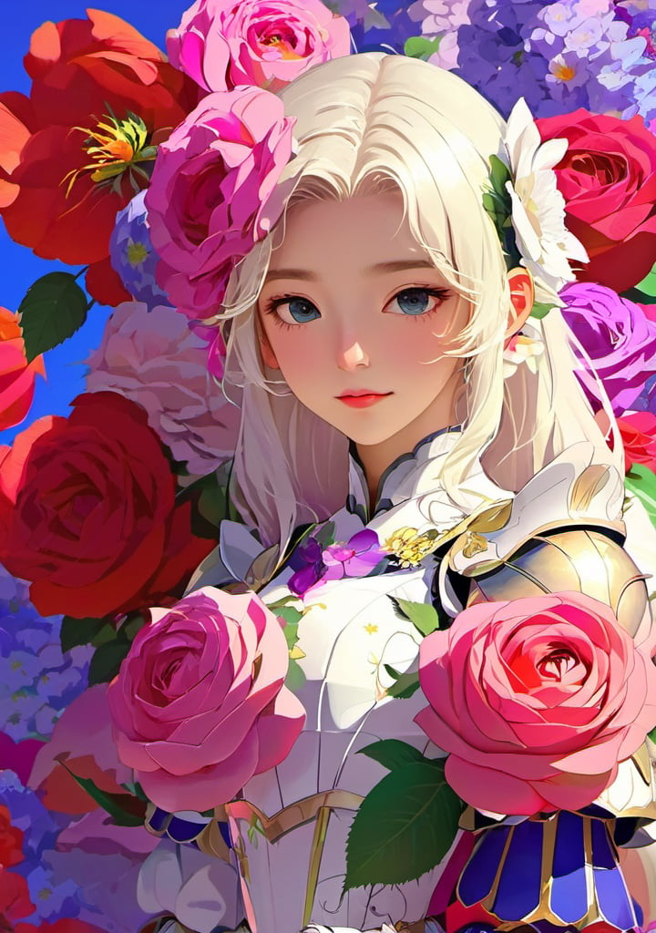 portrait,cube, korean girl,Rose flower dress, colorful, darl background,flower armor,white theme,dfdd,2d_animated,niji5