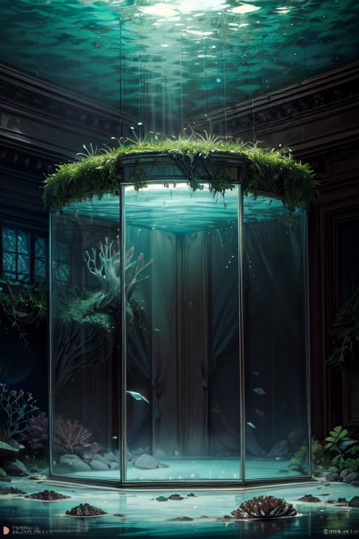 Generate a realistic photographic image of a small glass room with light transparent walls, under the water. The ceiling is covered in moss. The room is surrounded by jellyfish and big coral, illuminated by soft natural light."