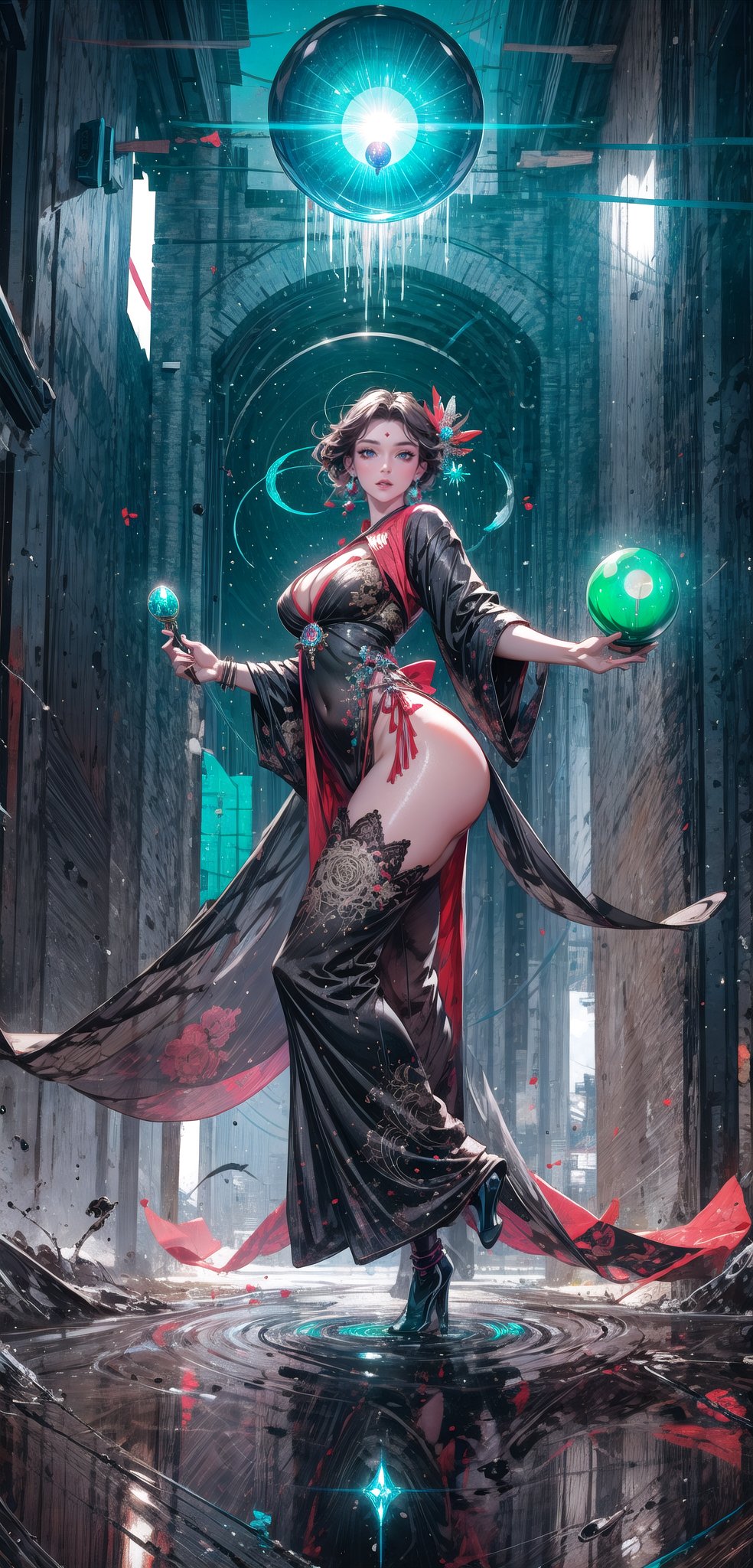 ((movie lighting)), super detailed, dramatic lighting, intricate detail, a gypsy woman, (fortune teller), full body, red eyes, holding a crystal ball, (crystal ball about head size) , (green glowing crystal ball), big breasts, cleavage, long black hair, beautiful face, very long shiny brown hair, bright red eyes, wearing a beautiful flowing black robe, holding a magic wand and crystal ball, chaotic reflection Utopian scene, perfect eyes, twinkling light, central theme, detailed face, detailed eyes, Kim Mi-jung's "chaotic scene"


standing and with a big ass, big and voluptuous breasts, sensual and erotic, front view, with a large and erotic sex,nud, full body, front view