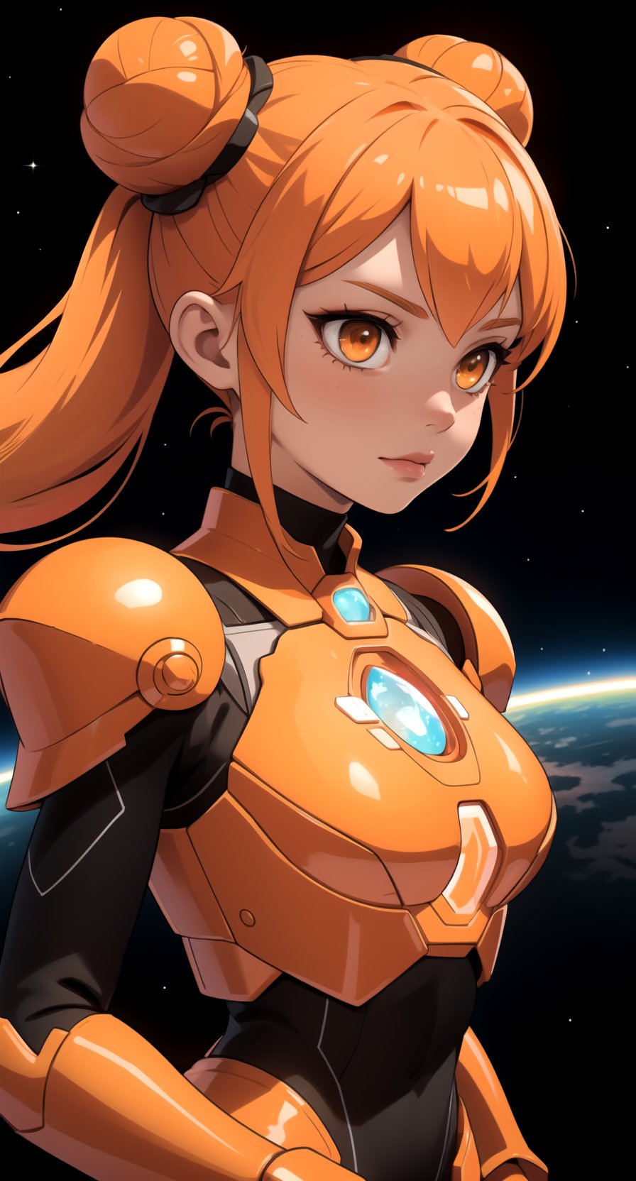centered, upper body, award winning upper body portrait, detailed face, (beautiful detailed eyes:1.2), | solo, woman, orange hair color, (twintail bun), light orange eyes, (neon futuristic armor), (orange gem on chest), | symetrical and detailed armor, | mystical, nebulosa, cosmic vibe, | depht of field, | space atmosphere, | hyperealistic shadows, smooth detailed, |
