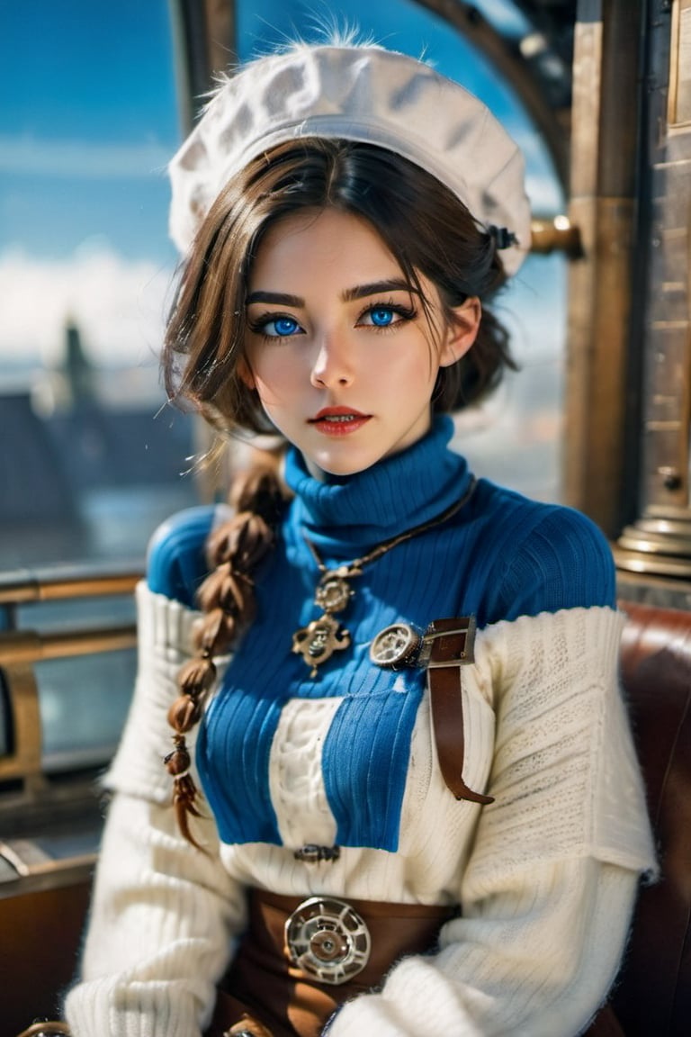 FilmGirl,HZ Steampunk,belt, gear, 1girl, solo,mole on chest,cute white beret,sweater,hair up,hair tied,  dynamic view,focus on chest, platinum hair,uniform, realistic,, cleavage ,dress, long curl hair, sitting, bare shoulders, looking at viewer, collarbone, blue eyes, lips, see-through, off shoulder, small breasts,