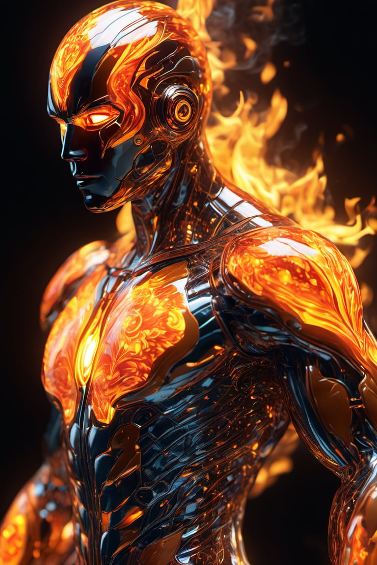 fire as part of human body, fiery, front facing, full body, front side, subsurface scattering, transparent, translucent skin, glow, bloom, Bioluminescent liquid,3d style,cyborg style,Movie Still,Leonardo Style, warm color, vibrant, volumetric light