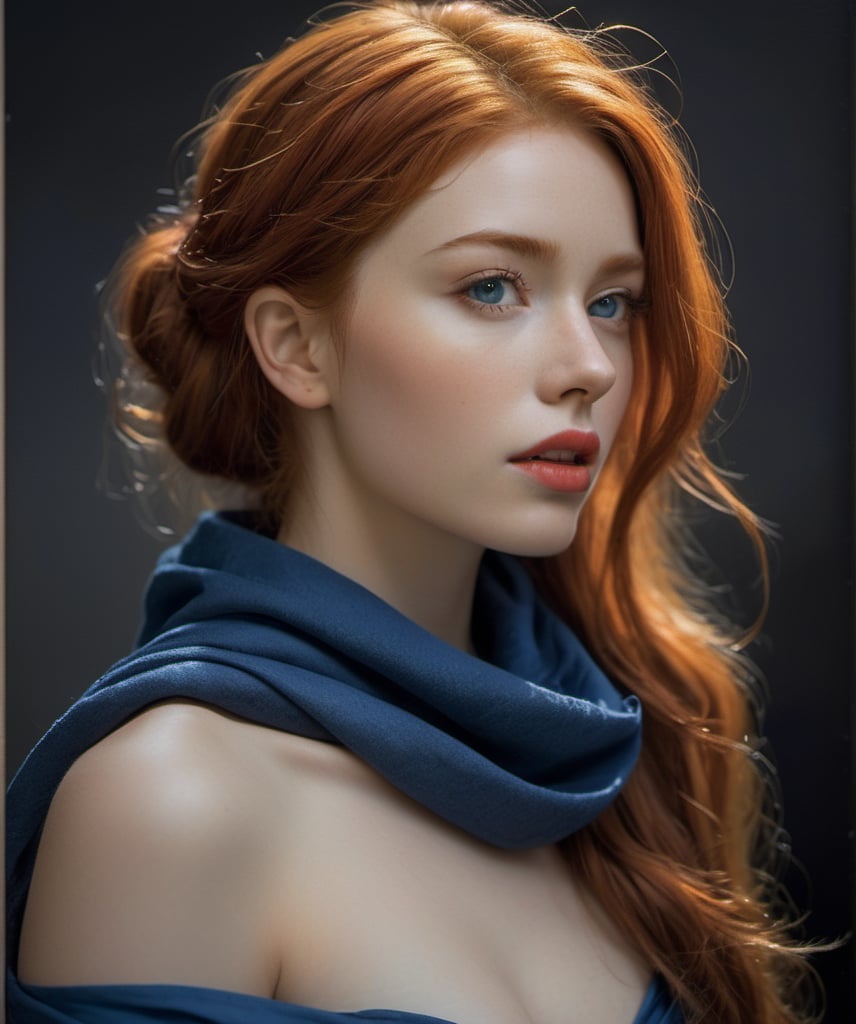 📸 Imagine an old oil painting of a redhead wearing a blue turban. The style should be a fusion of Peter Lippmann's still life compositions, Barry Windsor Smith's intricate linework, Sandro Botticelli's ethereal beauty, and Burne-Jones' romanticism. The redhead's captivating gaze draws the viewer in, her beauty so striking that it's almost unbelievable. The medium should be digital photography, capturing the photorealistic detail and texture of the oil painting. The composition should be a close-up shot, taken with a high-resolution 16k camera, using a 50mm lens for a sharp focus on the redhead and the blue turban., Miki Asai Macro photography, close-up, hyper detailed, trending on artstation, sharp focus, studio photo, intricate details, highly detailed, by greg rutkowski,cyborg style,OHWX WOMAN,Movie Still