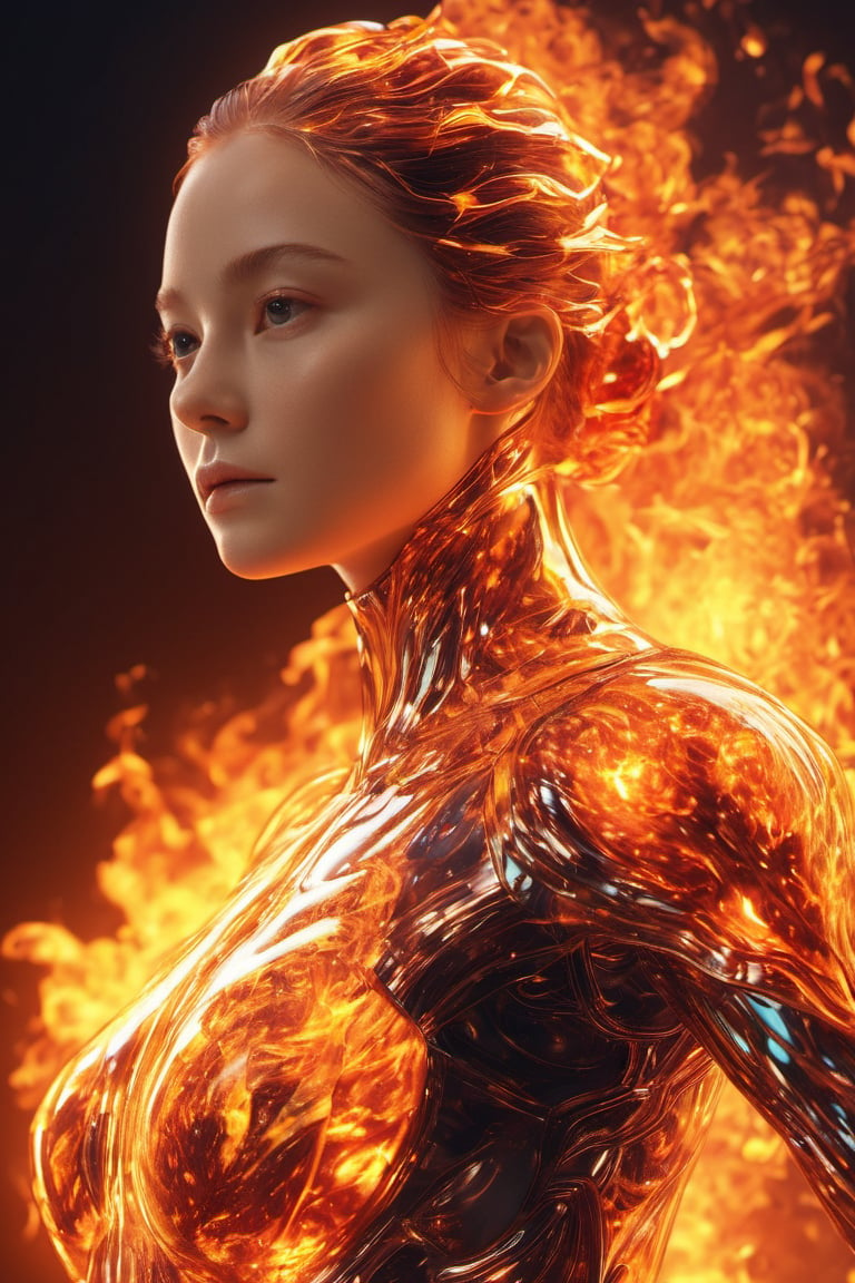 fire as part of human body, fiery, front facing, full body, front side, subsurface scattering, transparent, translucent skin, glow, bloom, Bioluminescent liquid,3d style,cyborg style,Movie Still,Leonardo Style, warm color, vibrant, volumetric light
