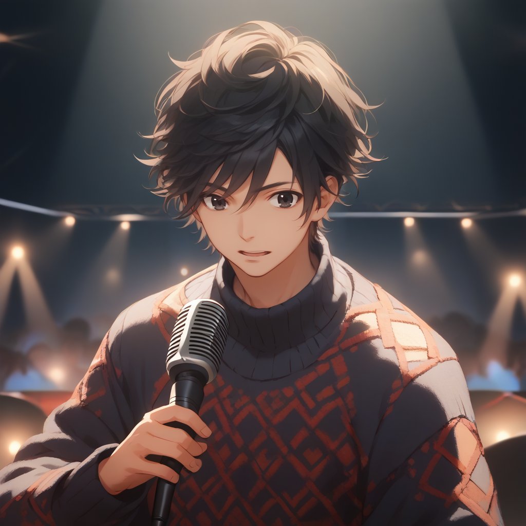 Score_9,score_8_up,score_7_up,Highly detailed, masterpiece, high quality, beautiful, high resolution, good details,1boy,solo,male focus,black hair,stage,black eyes,microphone,mezcla5v2,adult body,sweater,turtle_neck,singing,