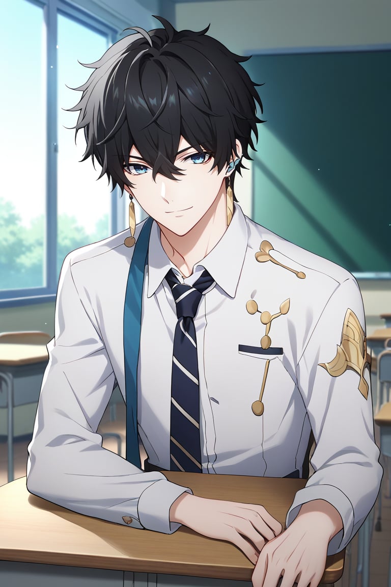 Score_9,score_8_up,score_7_up,Highly detailed, masterpiece, high quality, beautiful, high resolution, good details,1boy,solo,male focus, Anime, boy, male anime character, anime boy,looking at viewer,dan heng,black hair,short hair,hair between eyes,blue eyes,jewelry,earrings,jewelry,mezcla5v2,smile,classroom,school uniform,desk,necktie,