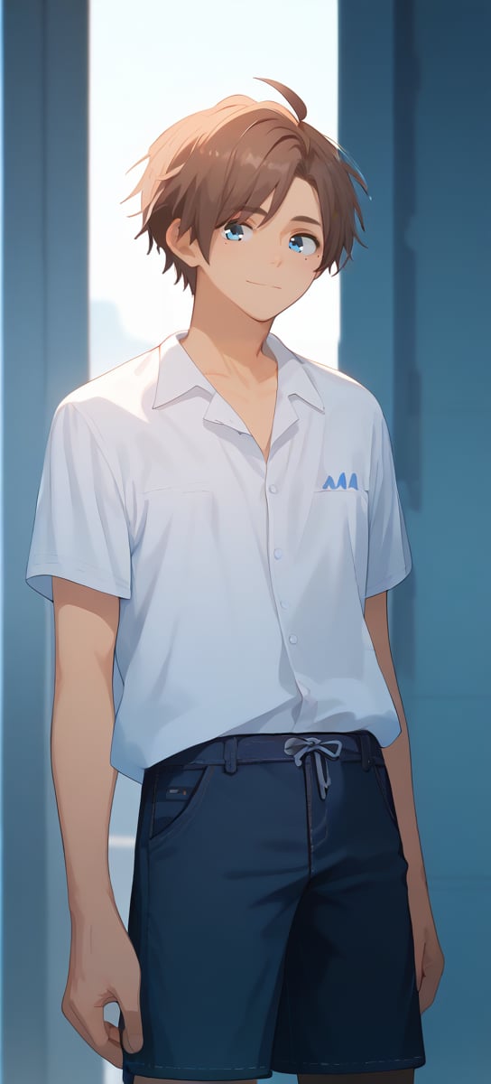 Score_9,score_8_up,score_7_up,Highly detailed, masterpiece, high quality, beautiful, high resolution, good details,1boy,solo,male focus,brown hair,blue eyes,mole,mole under eyes,standing,smile,yuyakedo,shorts,white shirt,