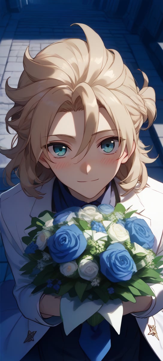 Score_9,score_8_up,score_7_up,Highly detailed, masterpiece, high quality, beautiful, high resolution, good details,1boy,solo,male focus,mezcla5v2,outdoor,church,suit,white suit,blue necktie,blue roses,smile,looking up, from above,bouquet the blue roses, bouquet between hands,snile,blush,happy,looking at viewer,albedo,blonde hair,aqua eyes,hair between eyes