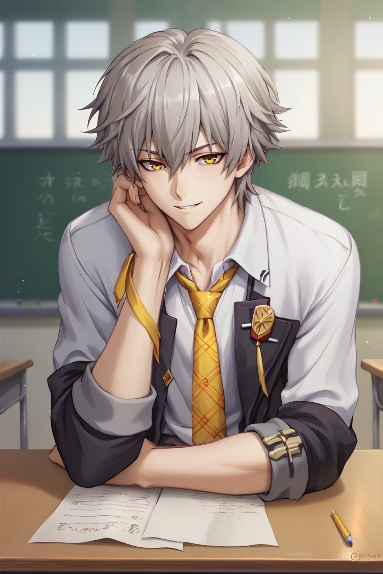 Score_9,score_8_up,score_7_up,Highly detailed, masterpiece, high quality, beautiful, high resolution, good details,1boy,solo,male focus,looking at viewer,sasoritagame,caelus,grey hair,short hair,yellow eyes,hair between eyes,smile,classroom,school uniform,desk,necktie,