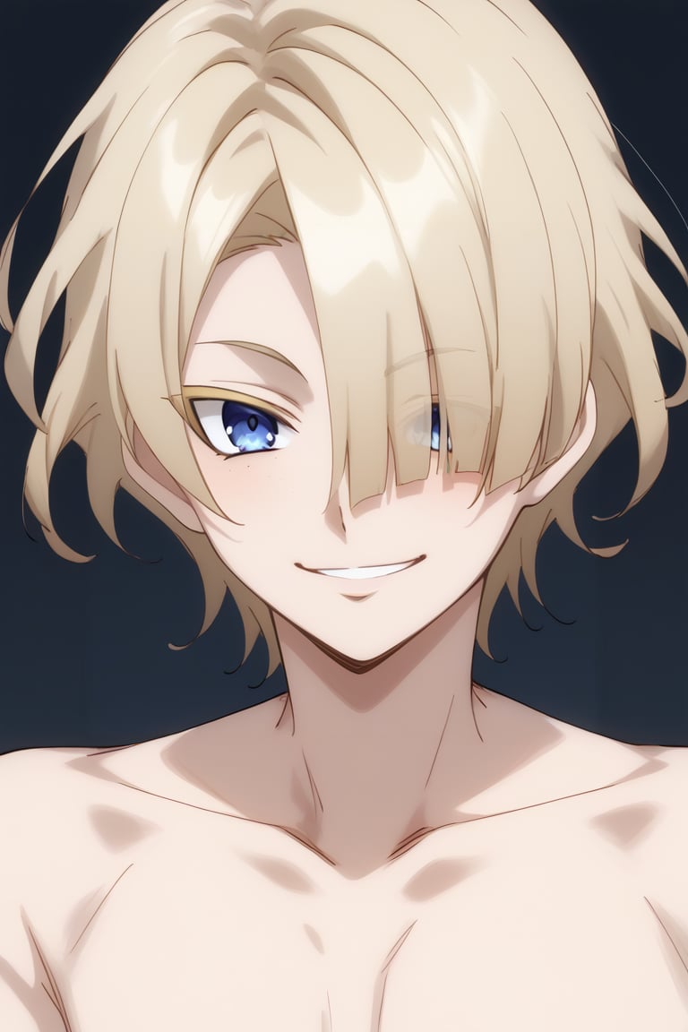 1boy,solo,male focus, freminet,blonde hair,blue eyes,hair over one eye,smile,upper_body,mezcla5v2