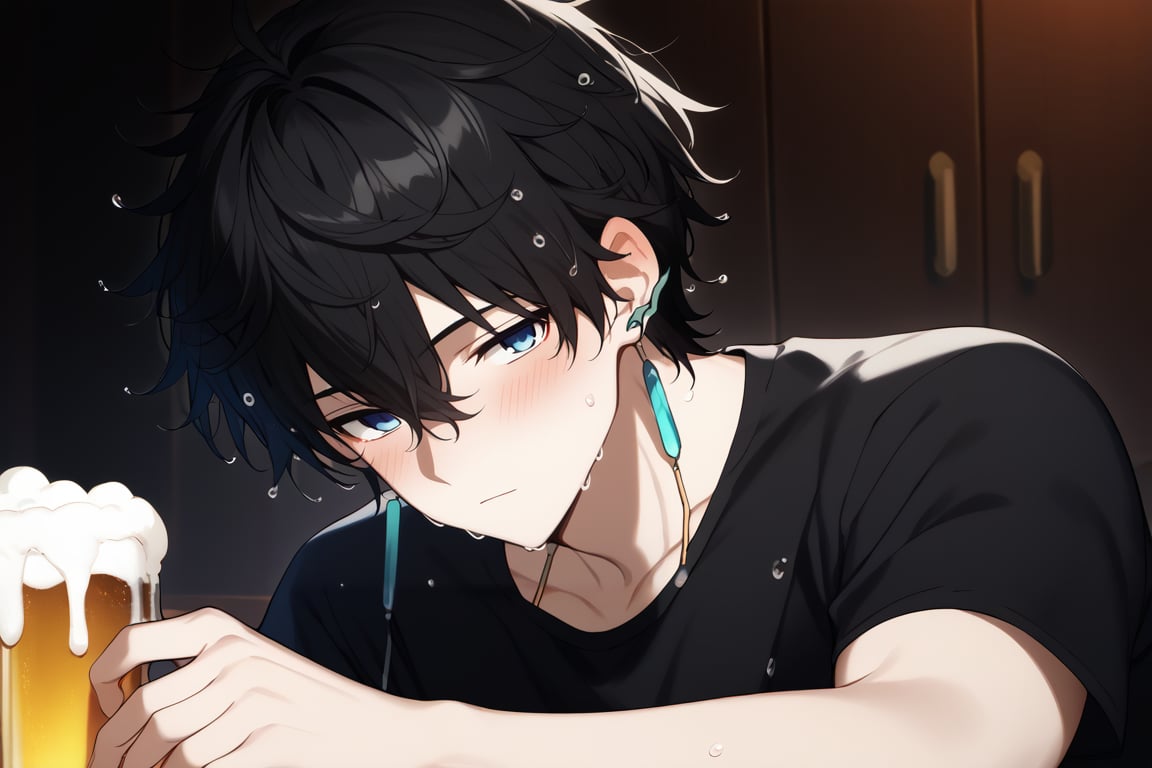 Score_9,score_8_up,score_7_up,Highly detailed, masterpiece, high quality, beautiful, high resolution, good details, muscular, shiny skin, wet hair shaded countershaded,pectorals,collarbone,1boy,solo,male focus,looking at viewer,((open eyes)),sleep4ever,Expressiveh,bar,((drunk)),drunk expression,drink beer,blushing,black shirt,necklace,gran cup,touching_hair,empty eyes,mezcla5v2,dan heng,black hair,short hair,hair between eyes,blue eyes,jewelry,earrings