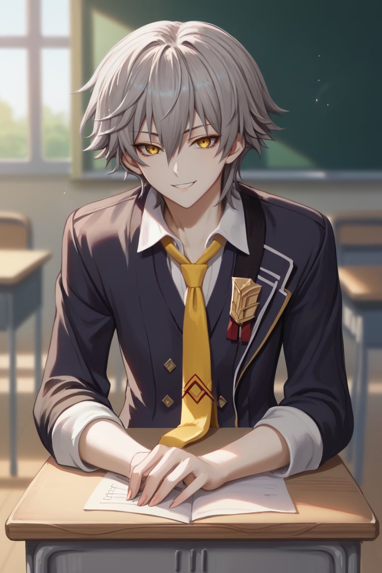 Score_9,score_8_up,score_7_up,Highly detailed, masterpiece, high quality, beautiful, high resolution, good details,1boy,solo,male focus,looking at viewer,sasoritagame,caelus,grey hair,short hair,yellow eyes,hair between eyes,smile,classroom,school uniform,desk,necktie,