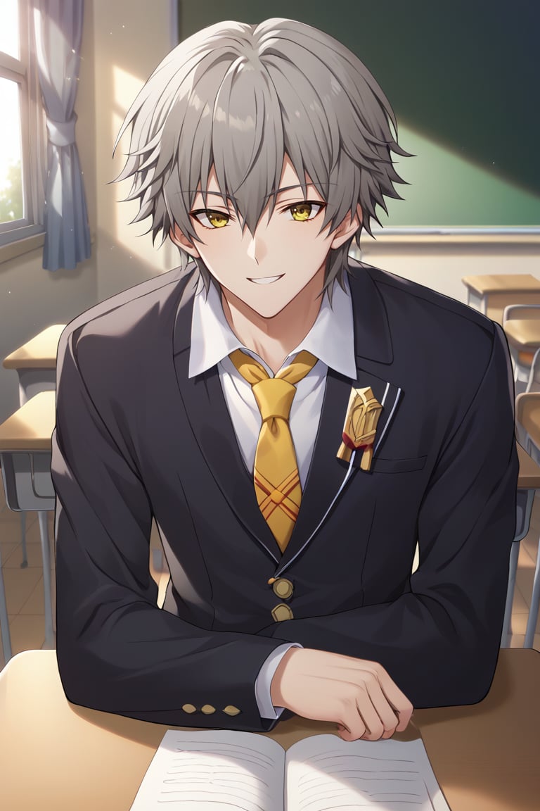 Score_9,score_8_up,score_7_up,Highly detailed, masterpiece, high quality, beautiful, high resolution, good details,1boy,solo,male focus,looking at viewer,sasoritagame,caelus,grey hair,short hair,yellow eyes,hair between eyes,smile,classroom,school uniform,desk,necktie,