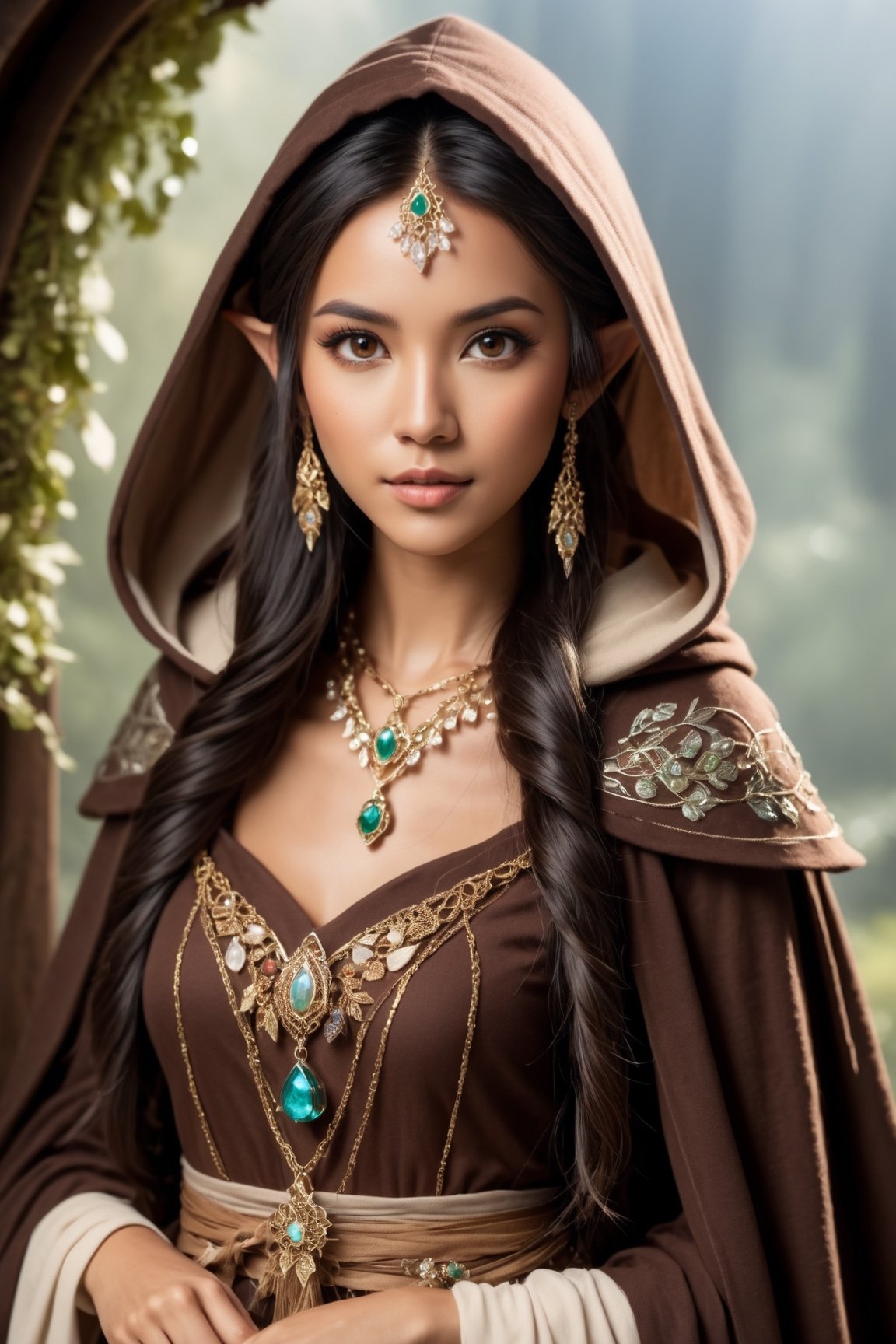 Fairy princess wearing jewelry, dark brown hair, brown eyes, tan skin, elf, cottage core, flow dress, Asian, jewels, gemstones, hooded cloak