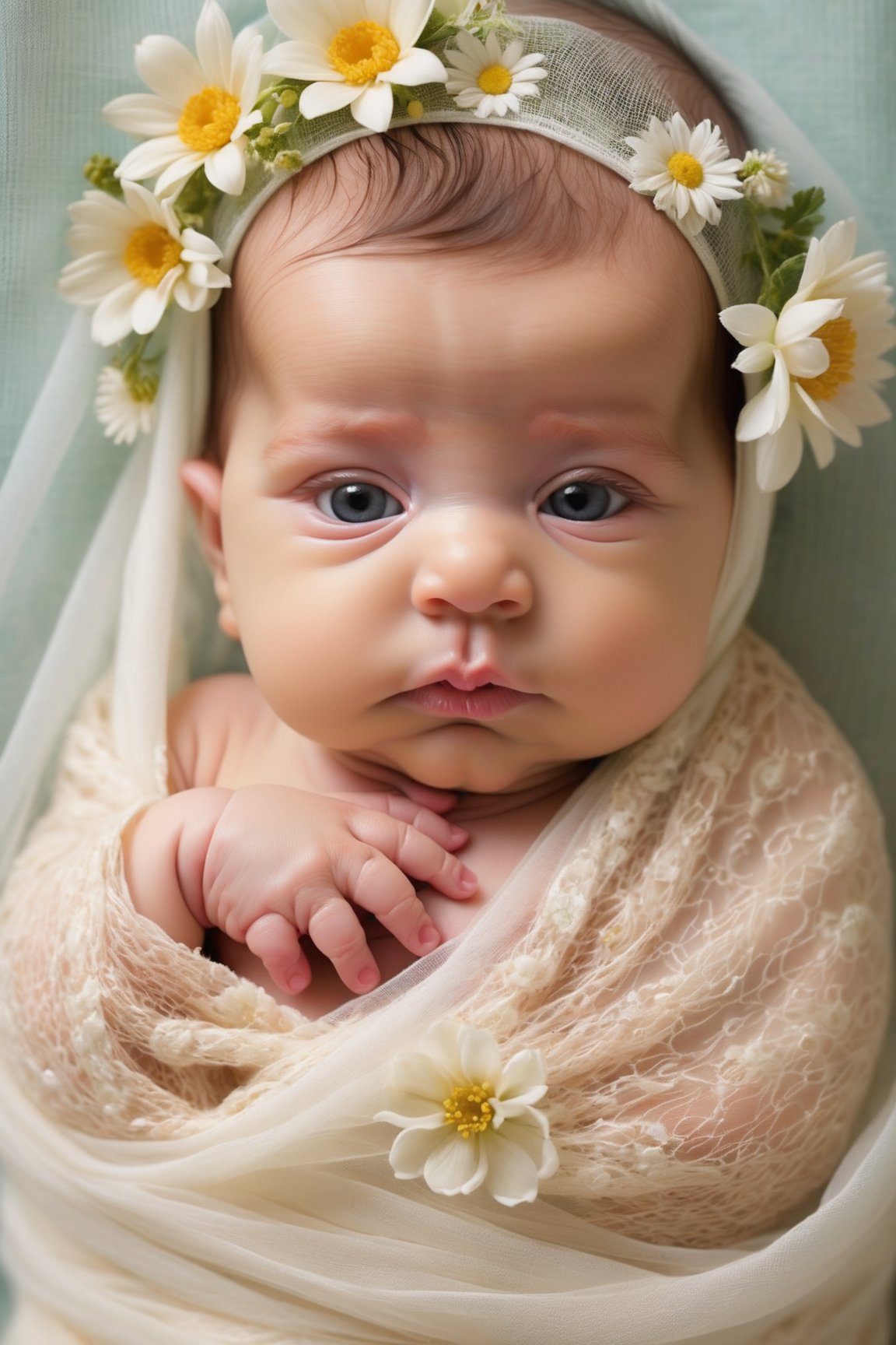 Create a realistic newborn baby photo and background, one baby,  wrapped in transparant veil, add flowers, only white color, art by Anne Geddes, studio photo, 