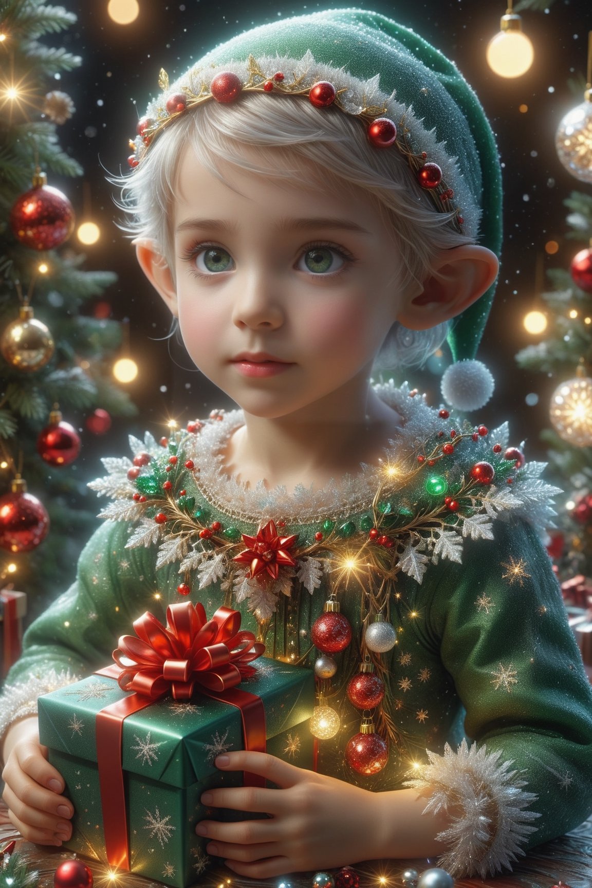 A Ultra realistic, a stunningly portrait, Cute and adorable christmas baby elf with gifts, hoarfrost metal lace, christmas theme,  fantasy, sunlight, sunbeam, intricate detail, 12k, front, cover, unzoom, hyperdetailed painting, luminism, Bar lighting, complex, 4k resolution concept art portrait by Greg Rutkowski, Artgerm, WLOP, Alphonse Mucha, little fusion pojatti realistic , fractal isometrics details bioluminescens : a stunning realistic photograph, wide angle, red, green, white colors
