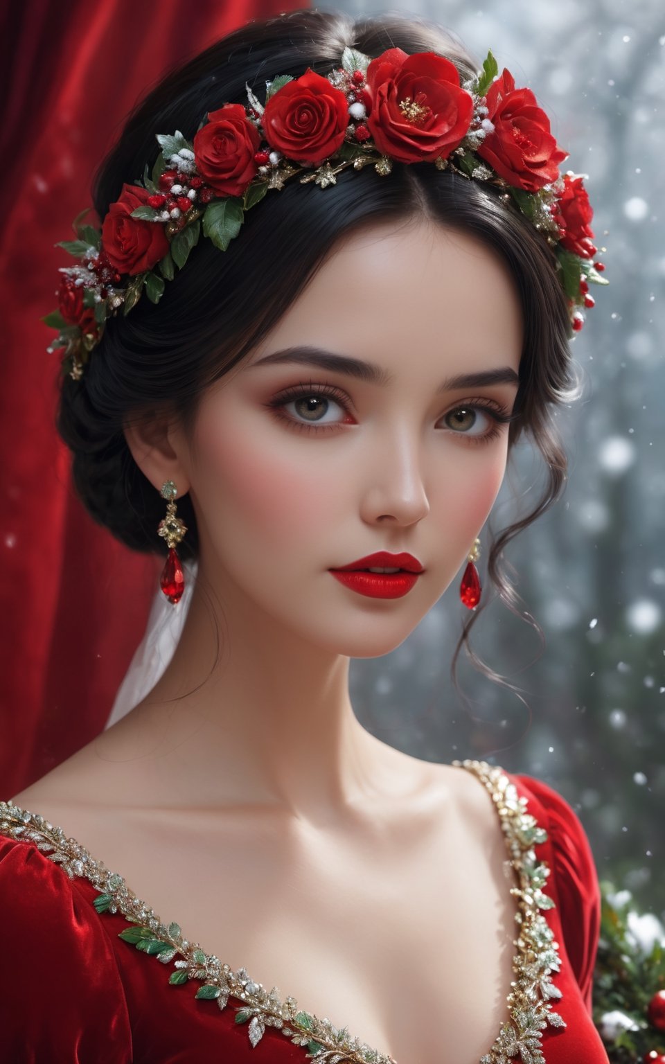 An ultra hd detailed, stunning, hyper realisticwoman in a red dress with a wreath on her head, by Nene Thomas, trending on cgsociety, fantasy art, portrait of snow white, doll face, santa, black-hair pretty face, trend on behance 3 d art, art of edouard bisson, jeweled ornament over forehead, by jake parker, so cute, cute detailed artwork, style raw,ultra sharp focus, hyperrealism, photorealistic, 16k, unreal engine