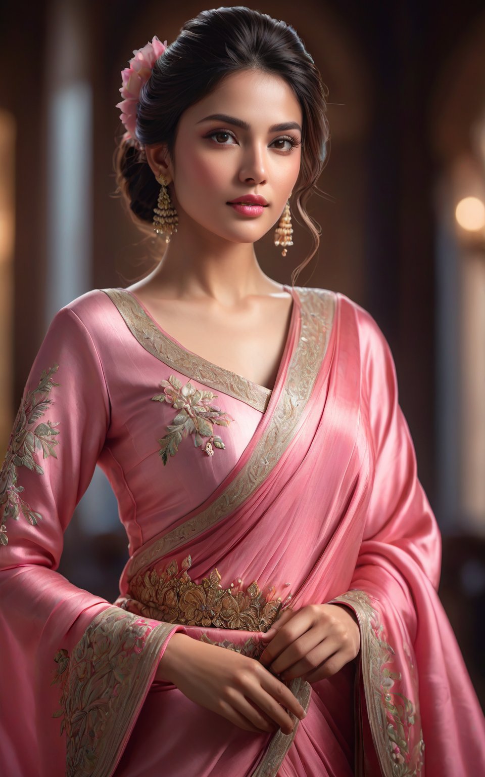 An ultra hd detailed, stunning, hyper realistic woman in a pink dress, a fine art painting, cgsociety contest winner, wearing ornate silk clothes, beautiful flowing fabric, glenn barr, sakimichan frank franzzeta, very beautiful and elegant, wearing an evening gown, dressed in a sari, featured art, beautiful artist rendering, royal dress, wlop : :, wearing gorgeous clothing, 16k hyper realistic photograph, ultra-realistic, style raw,  sharp focus, hyperrealism, photorealistic, 16k, unreal engine