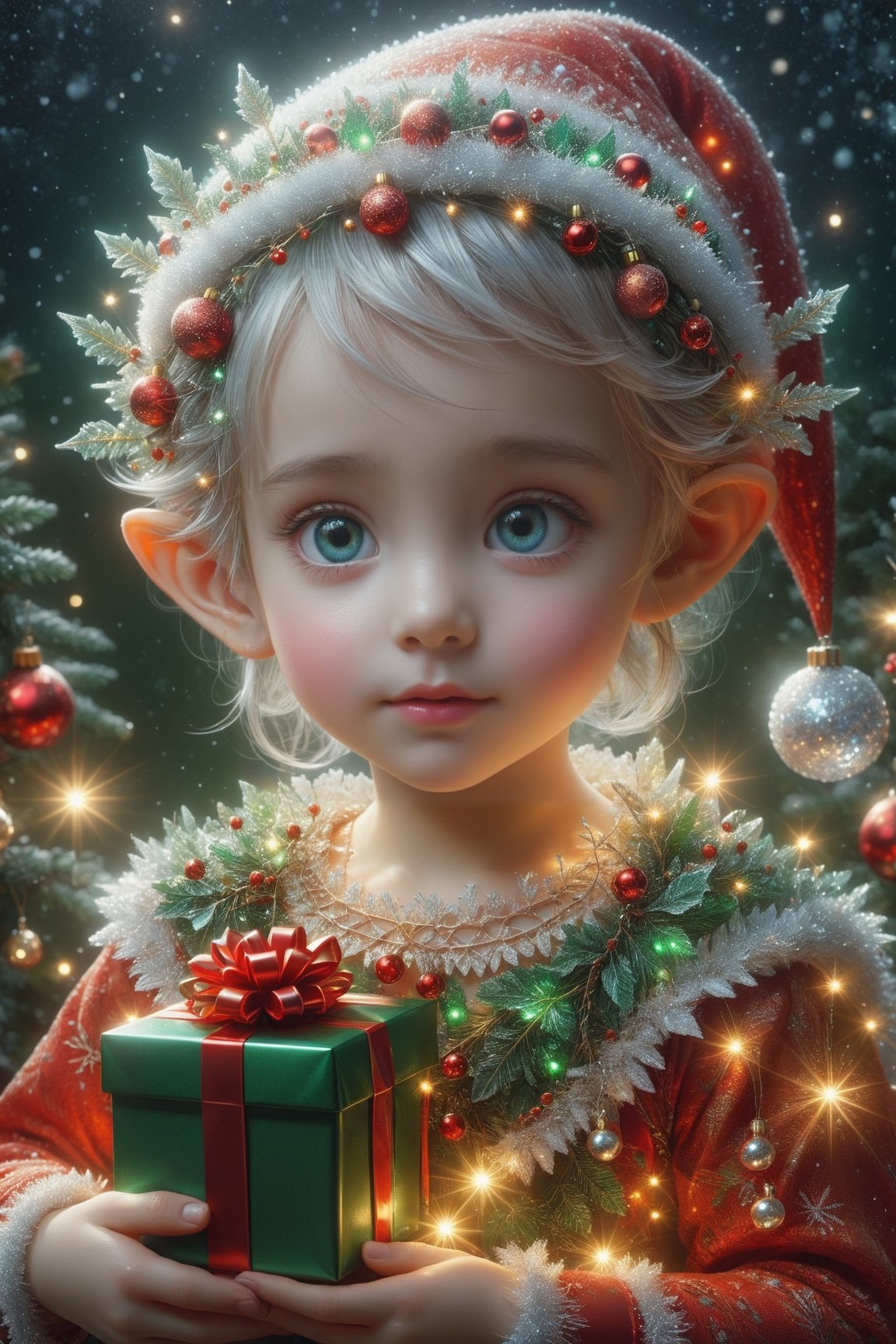 A Ultra realistic, a stunningly portrait, Cute and adorable christmas baby elf with gifts, hoarfrost metal lace, christmas theme,  fantasy, sunlight, sunbeam, intricate detail, 12k, front, cover, unzoom, hyperdetailed painting, luminism, Bar lighting, complex, 4k resolution concept art portrait by Greg Rutkowski, Artgerm, WLOP, Alphonse Mucha, little fusion pojatti realistic , fractal isometrics details bioluminescens : a stunning realistic photograph, wide angle, red, green, white colors
