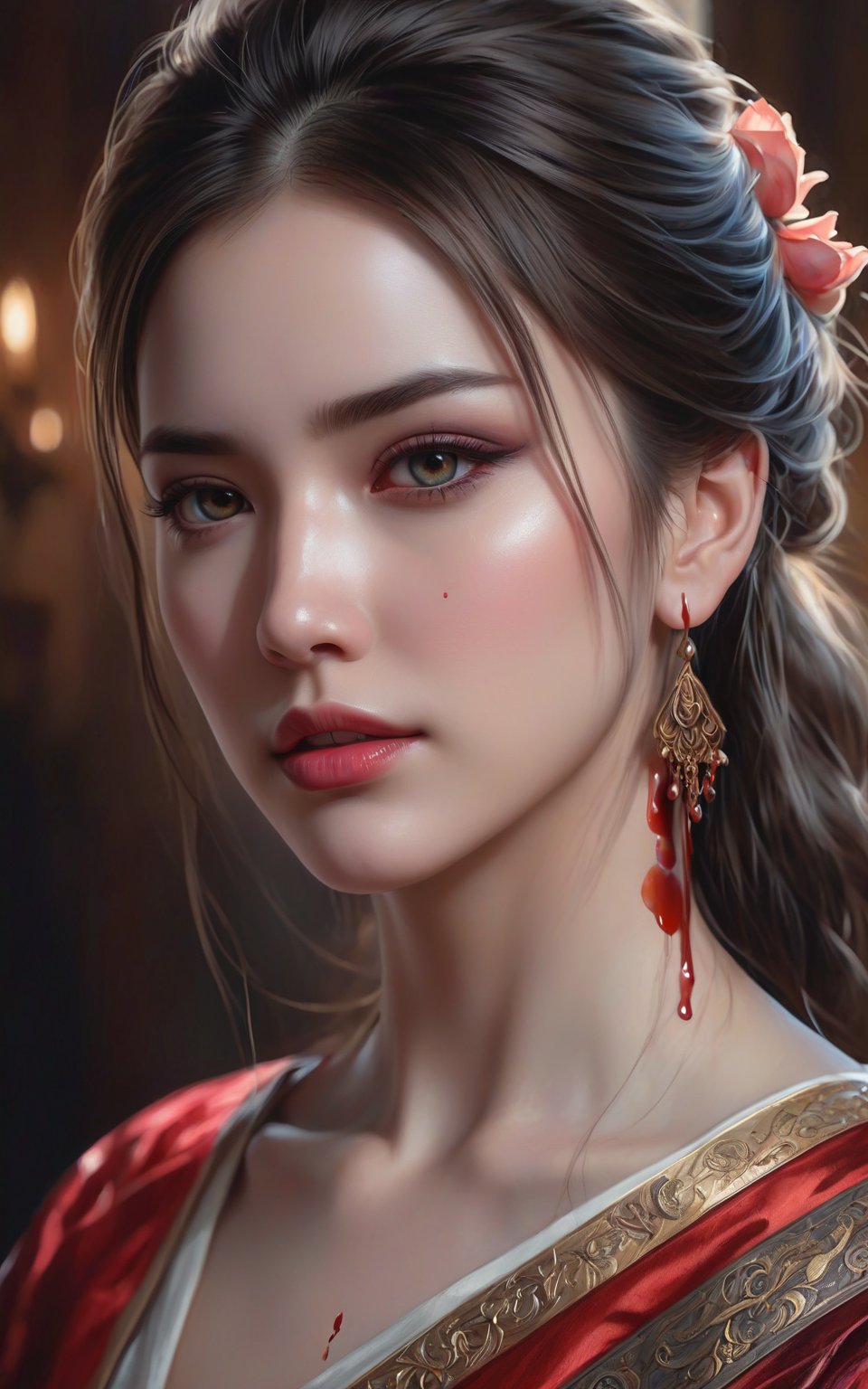 an ultra-realistic and stunning  woman with blood on her face, a photorealistic painting, inspired by Magali Villeneuve, gothic art, crying tears, guweiz masterpiece, portrait painting of a princess, volegov, detailed dress and face, clean detailed anime art, with tears, in renaissance style, crying and reaching with her arm, alice x. zhang, tearshyperrealism, highly detailed, digital painting, artstation, concept art, smooth, sharp focus, illustration, art by artgerm and greg rutkowski and alphonse mucha, footage from space camera, extremely detailed, amazing, fine detail, rich colors, hyper-realistic lifelike texture, trending on artstation, cinestill 800 tungsten, looking at the viewer, photo-realistic, RAW photo, high quality, high res, sharp focus, extremely detailed, cinematic lighting, 16k UHD