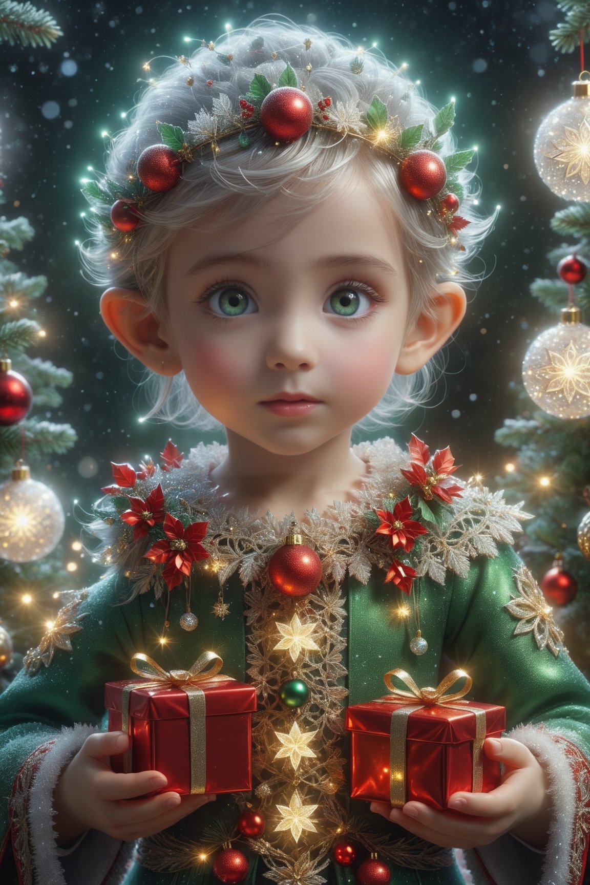 A Ultra realistic, a stunningly portrait, Cute and adorable christmas baby elf with gifts, hoarfrost metal lace, christmas theme,  fantasy, sunlight, sunbeam, intricate detail, 12k, front, cover, unzoom, hyperdetailed painting, luminism, Bar lighting, complex, 4k resolution concept art portrait by Greg Rutkowski, Artgerm, WLOP, Alphonse Mucha, little fusion pojatti realistic , fractal isometrics details bioluminescens : a stunning realistic photograph, wide angle, red, green, white colors
