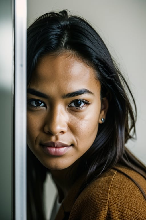 a young black american businesswoman in a dark office room, his eyes and face locked on camera lens, short image