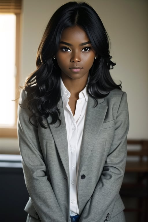 a young dark skinned businesswoman in a darken room, her eyes and face locked on camera lens, short image