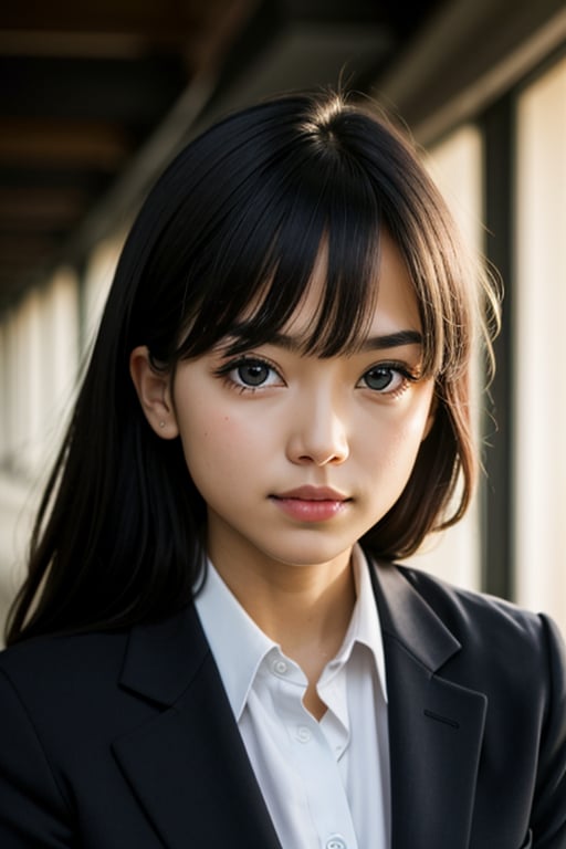 a young businesswoman in a darken room, her eyes and face locked on camera lens, short image