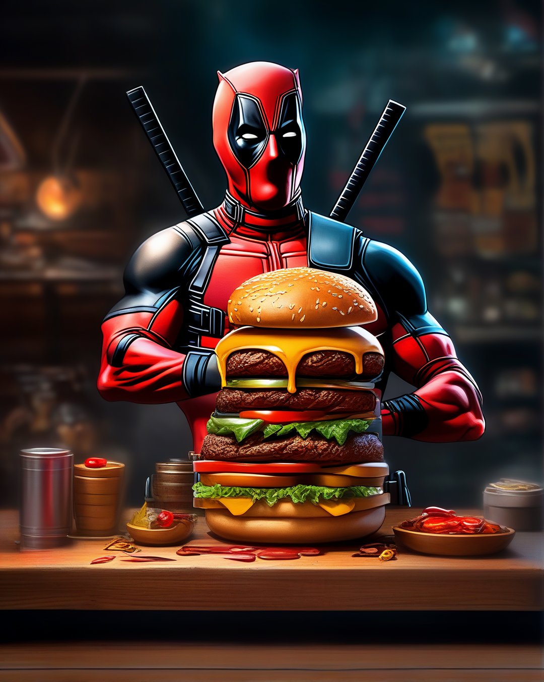 a Deadpool colour theme burger sitting on top of a wooden table, concept art by Eddie Mendoza, trending on Artstation, digital art, deathburger, high detail iconic character, 3840 x 2160,oni style