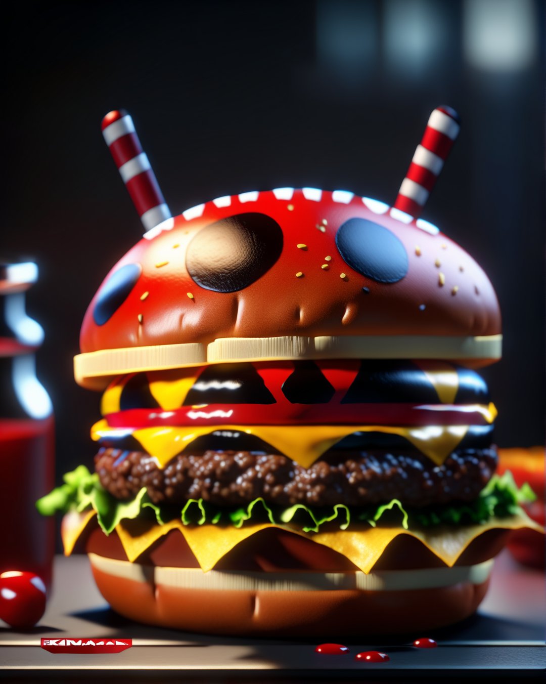 a hamburger made on deadpool theme, unreal engine, 8k, extreme closeup shot
a hamburger made on deadpool theme ::2 realistic ::2 cinematic lighting,oni style