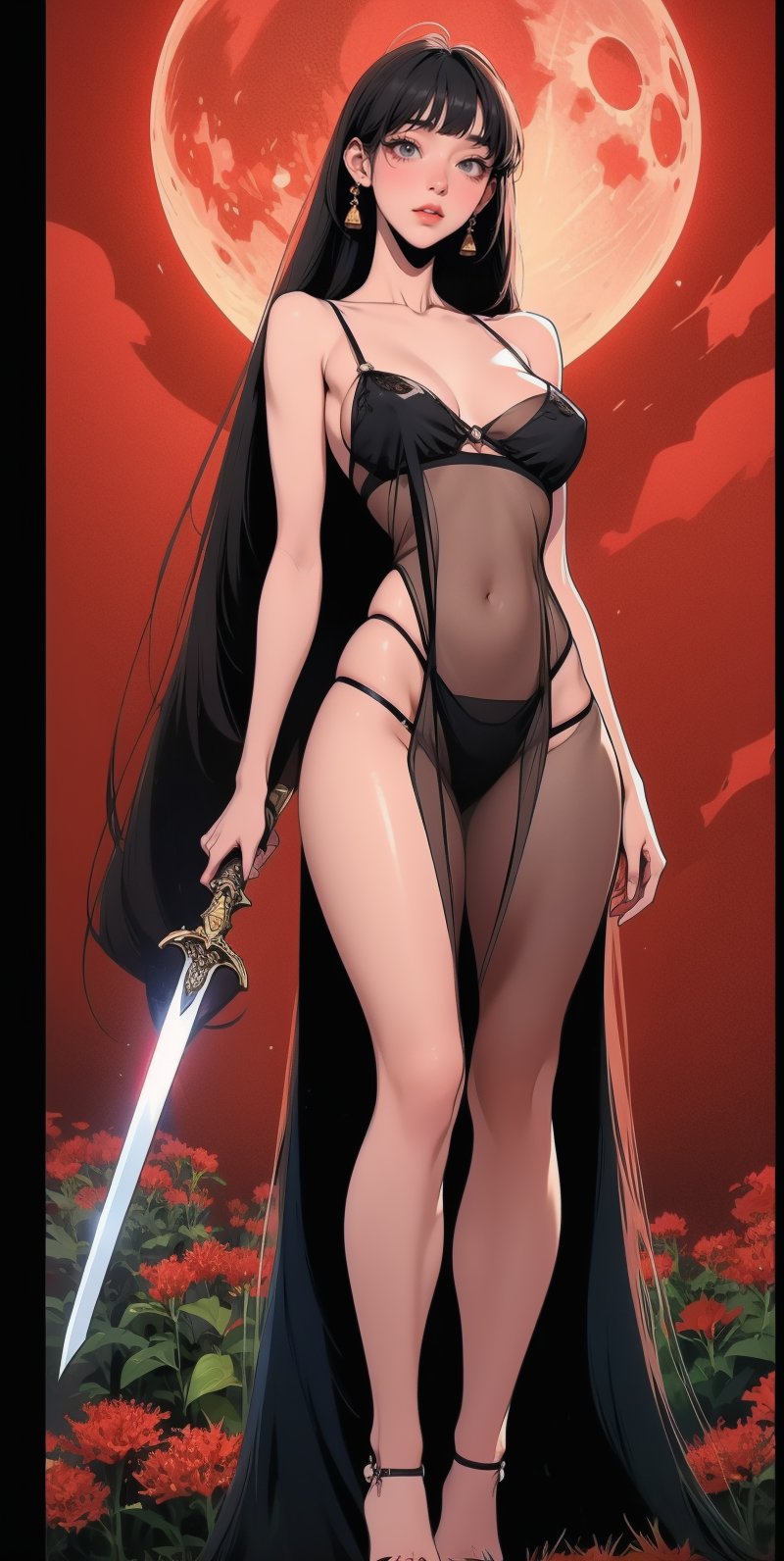 (Asian woman), brown_eyes, (black_hair), (long straight hair), (straight hair:1.4),, bangs, normal breasts quality, see-through, black nightgown, full body standing, night, red moon, a field of red flowers, holding_weapon, sword,