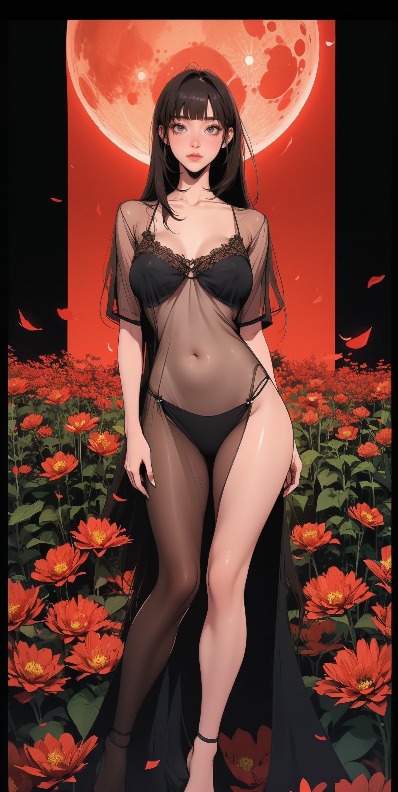 (Asian woman), brown_eyes, (black_hair), (long straight hair), (straight hair:1.4),, bangs, normal breasts quality, see-through, black nightgown, full body standing, night, red moon, a field of red flowers,