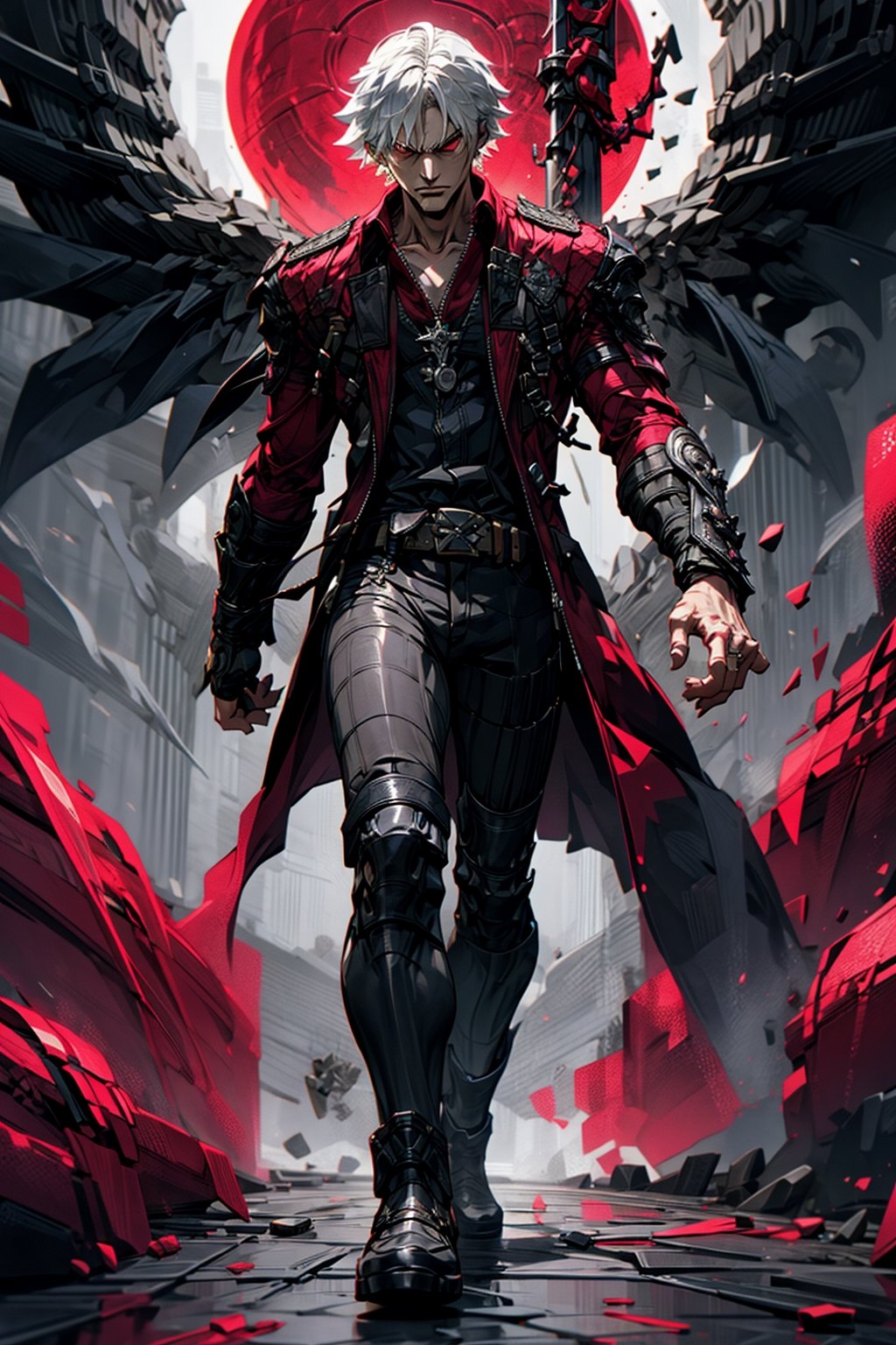 One man , (devil may cry: Dante) , white hair , short_hair , paleskin , big_muscle , angry face , full_body , blood moon , walking , (dark red eyes) , bangs , straight_hair , perfect figure , red-colored apparel , often in the form of long , two-tailed coats , solo