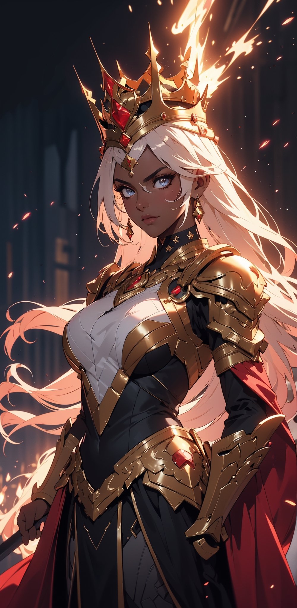 A (dark_skinned_female:1.5) Queen with a king's crown letting an army into battle. A queen armored up with a mean gaze in her eyes showing no fear. A beautiful scenery overlooking an army. A sword with flaming Aura surrounding it. A full body portrait of the queen and the army