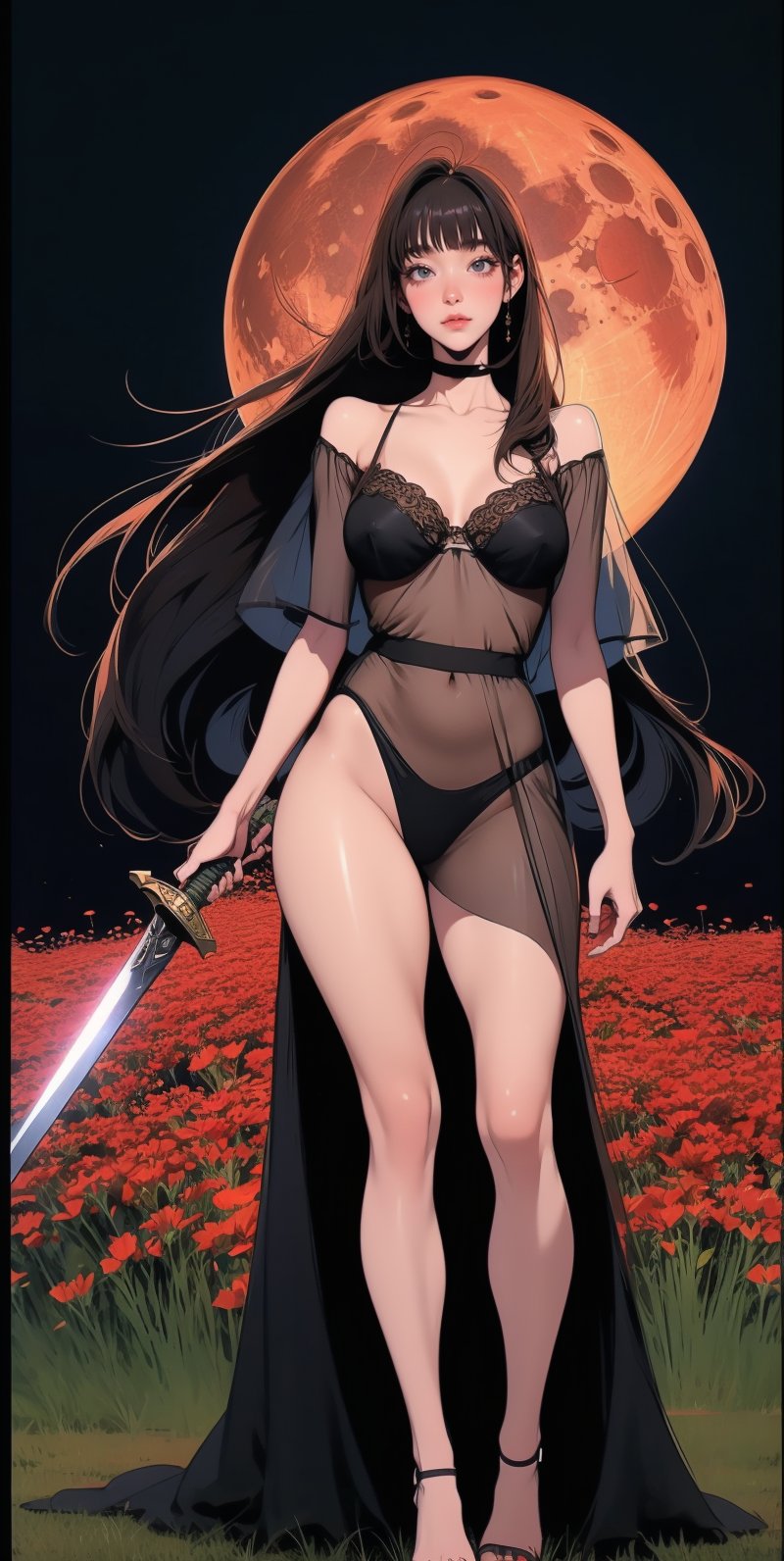 (Asian woman), brown_eyes, (black_hair), (long straight hair), (straight hair:1.4),, bangs, normal breasts quality, see-through, black nightgown, full body standing, night, red moon, a field of red flowers, holding_weapon, sword,