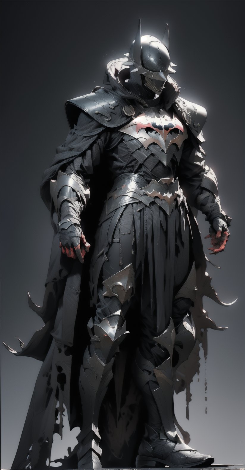 Batman who laughs, ((full-body_portrait)), ((dark room:1.4)), standing_up, upper_body knight armor, black armor, lower body knight armor,nijistyle