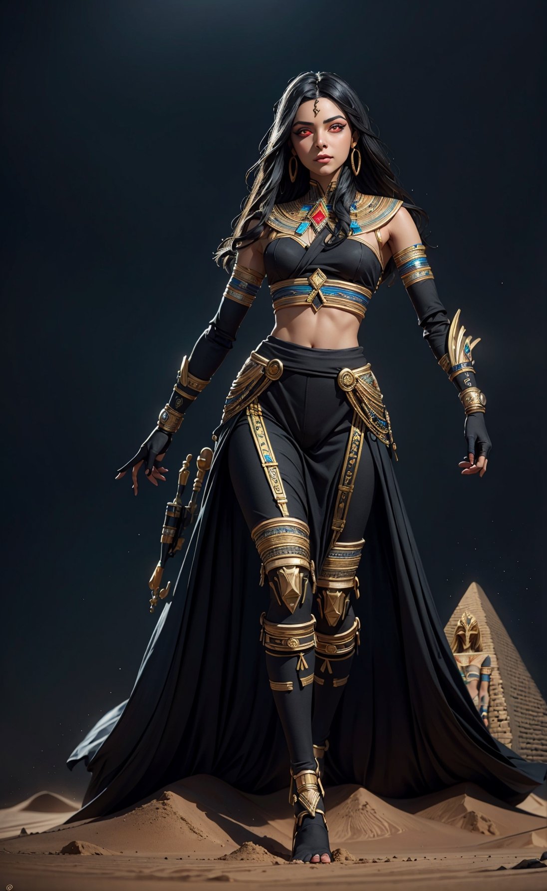 Masterpiece, ultra hd, 8k, hdr, dynamic, (red eyes), (bright eyes:1.1), glowing red eyes, hyper realistic, detailed background, finely detailed_body, fullbody, one female vampire, (solo), very long hairstyle, (black hair color:1.2), | egyptian, egyptian clothes ,egypt goddes ,egypt, seethru, egypt background, sandstorm, perfecteyes, Detailedface,Detailedeyes,ActionFigureQuiron style,reference sheet