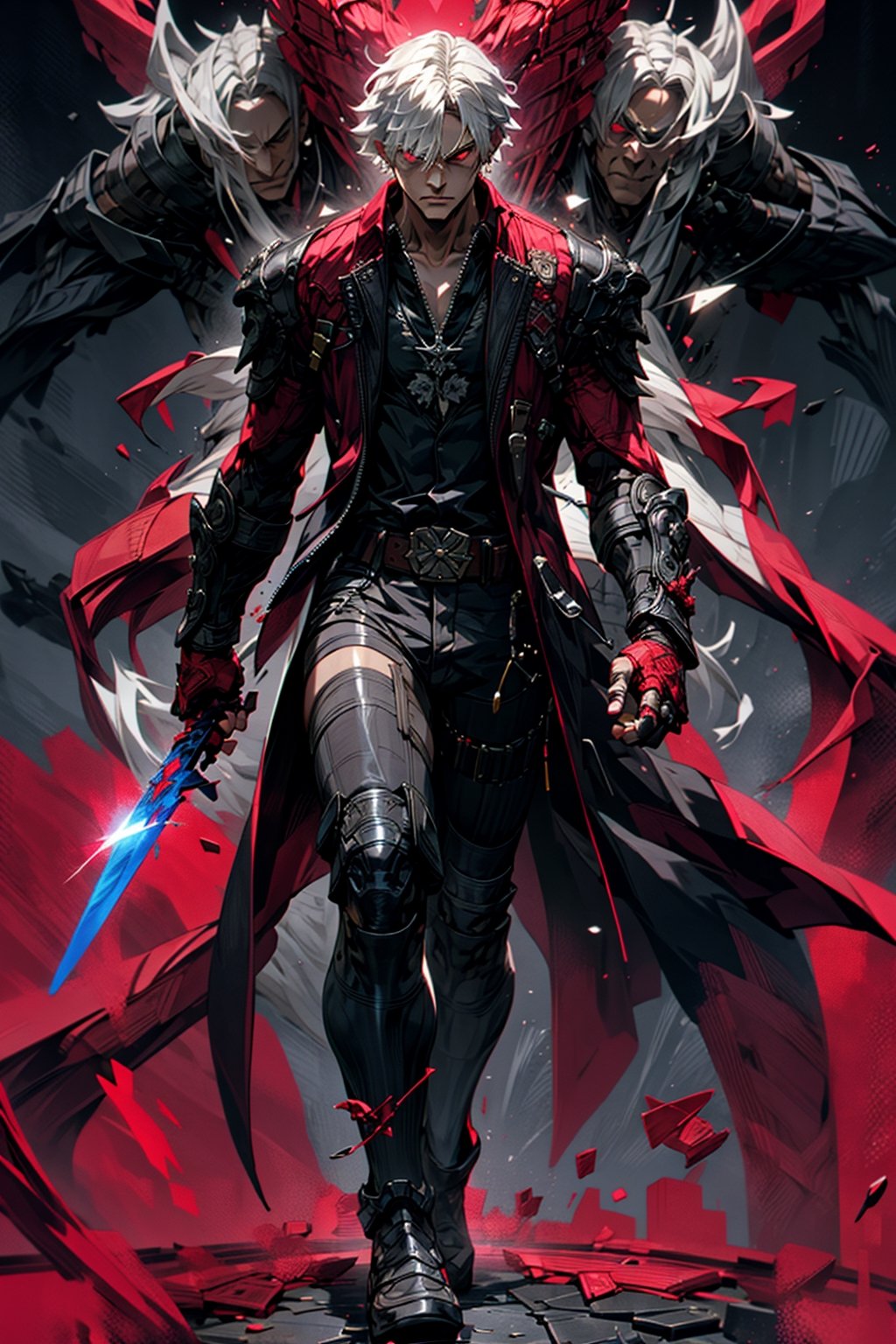 One man , (devil may cry: Dante) , white hair , short_hair , paleskin , big_muscle , angry face , full_body , blood moon , walking , (dark red eyes) , bangs , straight_hair , perfect figure , red-colored apparel , often in the form of long , two-tailed coats , solo