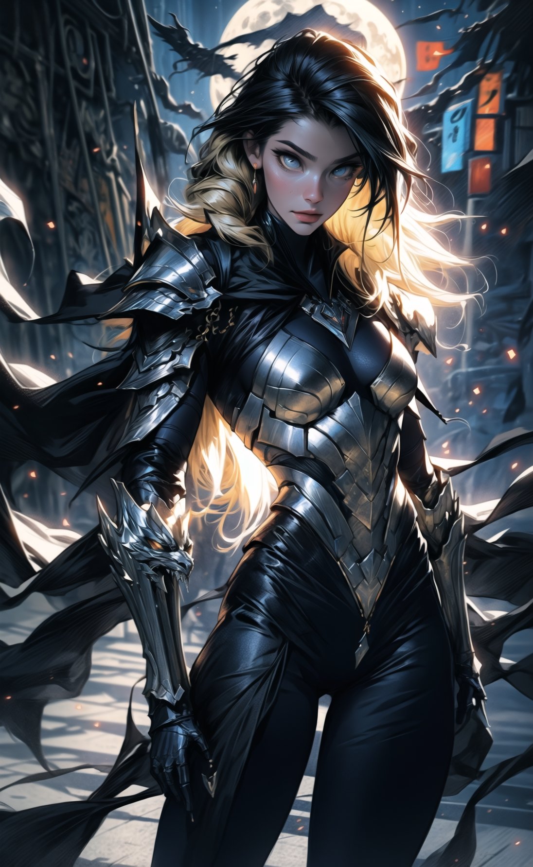 One female, two color hair, black hair, blonde highlights, golden_eyes, thicc_thighs, both hands to the waist, large_breasts, ((very long hair)), tight fit armor, black armor shoulder plates, black chest armor plates, black legs armor plates revealing legs, moon, black armor cape, ((masterpiece)), ultra hd, 8k, hdr, dynamic, (bright eyes:1.1), hyper realistic, detailed background, finely detailed_body, perfecteyes, detailedface, detailedeyes, (best shadow, best gray shader, ultra detailed), (detailed background), high contrast, (best illumination, an extremely delicate and beautiful), fullbody stance,edgGaruda_hoodie,venom