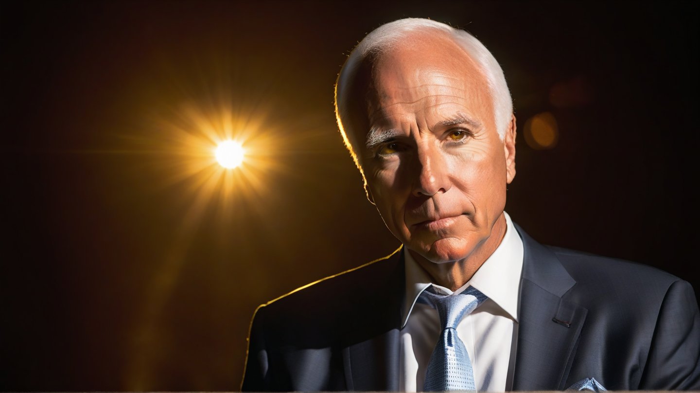 A powerful portrait of Jim Rohn commands attention: a commanding figure stands at the edge of the stage under warm golden light, his intense eyes blazing like a beacon. A single spotlight highlights his determined expression, illuminated by a hint of smirk on his lips, conveying authority and conviction as he speaks with fervent passion. The dimly lit background contrasts with his vibrant presence, drawing the viewer into his captivating gaze.