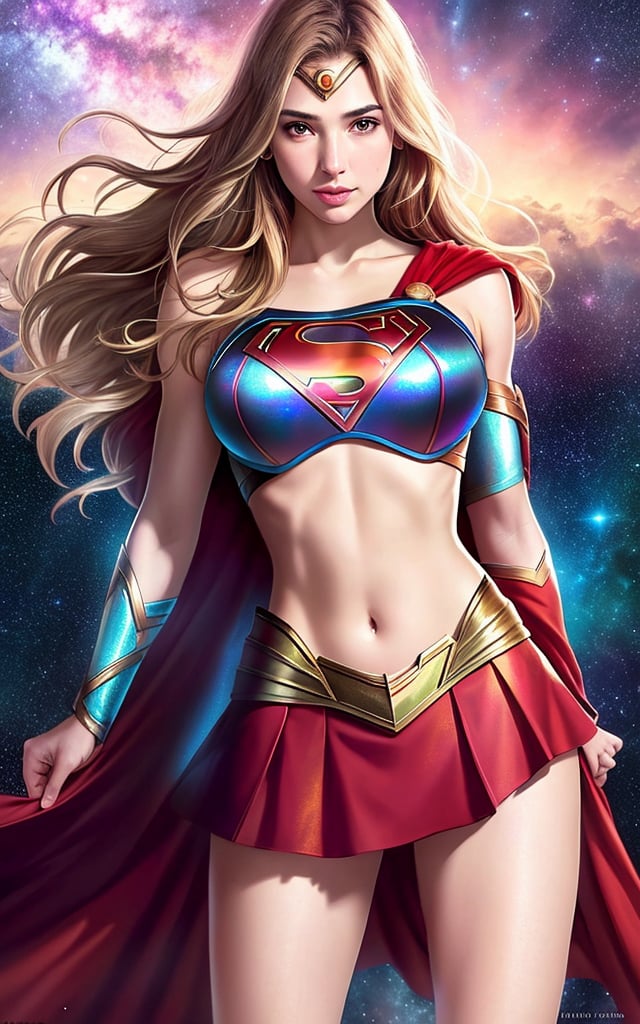 nude masterpiece, supergirl, best quality, 8k, photo of beautiful (supergirl costume, red mini skirt) Gal Gadot style,Gal Gadot face, Gal gadot looks, centered, masterpiece, tiara, big size breast,  wavy blonde hair, wide hips, red tight mini skirt, thick thighs, short cape spread legs, pubic tattoo, sexy, | wet, natural skin texture, soft cinematic light, elegant, (cinematic look), (saturated colors:1.1), | soft cinematic light, (detailed cloudscape:1.1), beautiful face, beautiful eyes, fantasy, | bokeh, depth of field, space background, stars, planets ,sexy body, toned muscles,  (long messy iridescent hair:1.3), detailed skin texture, BREAK,  photorealistic, highly detailed, windblow, defocus photo, space background, galaxy, real life lighting, highlights, bright instagram LUT