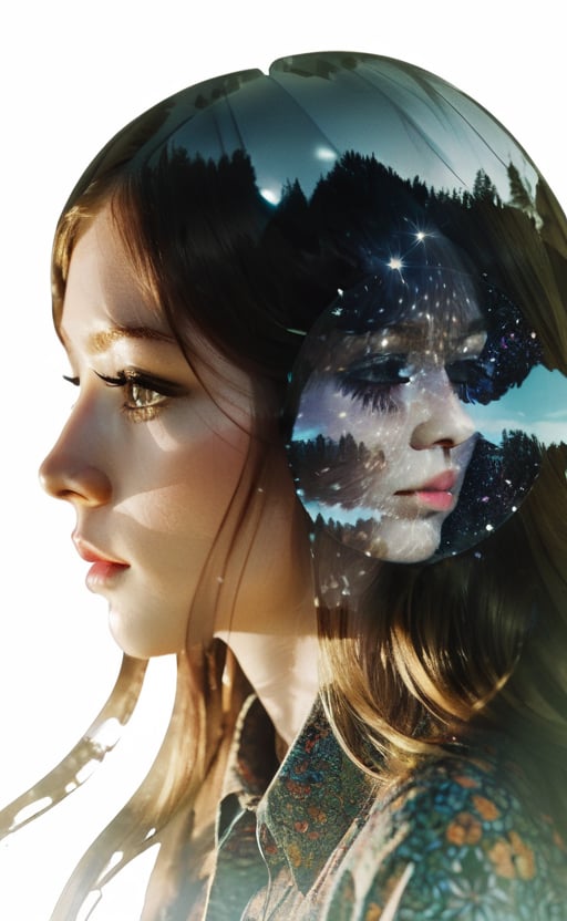 double exposure photograph, Christoffer Relander style, head of singer with long hair (Anna Karenine) made up eyes and psychedelics clothes looking in shine diamond view, black background, high_res, ultra detailed