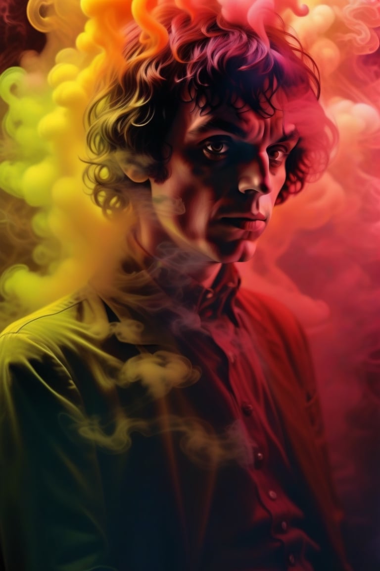 Comic cover of ((Syd Barrett)) with smoke around in art style of Glenn Fabry, double exposure, Hyper realistic colorful portrayal with intricate linework and shading, pulp atmosphere, Dynamic composition and nuanced details, serial art, natural environnement
