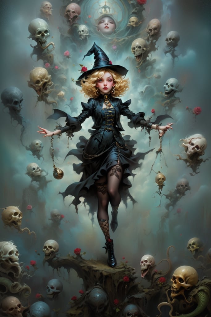 Mannerism Aesthetics, Hyperdetailed grunge fantasy poster featuring an up-close blonde  female  witch, figura serpentina, dynamic twisted poses, color palette is vividly artificial, elaborately decorated, inspired by [Brian M Viveros, Esao Andrews, Tim Burton, Yayoi Kusama] Exaggeration, Elongation, Emotional Expression, Unconventional, Dramatic Pose, Complex Arrangements, Distorted Proportions, Artificial Elegance, Expressive Figures, Twisted Forms, Virtuosity, Sophistication, Intense Emotions, unbalanced composition, dynamic and visually engaging composition,jennierubyjenes,kwon-nara,roses_are_rosie