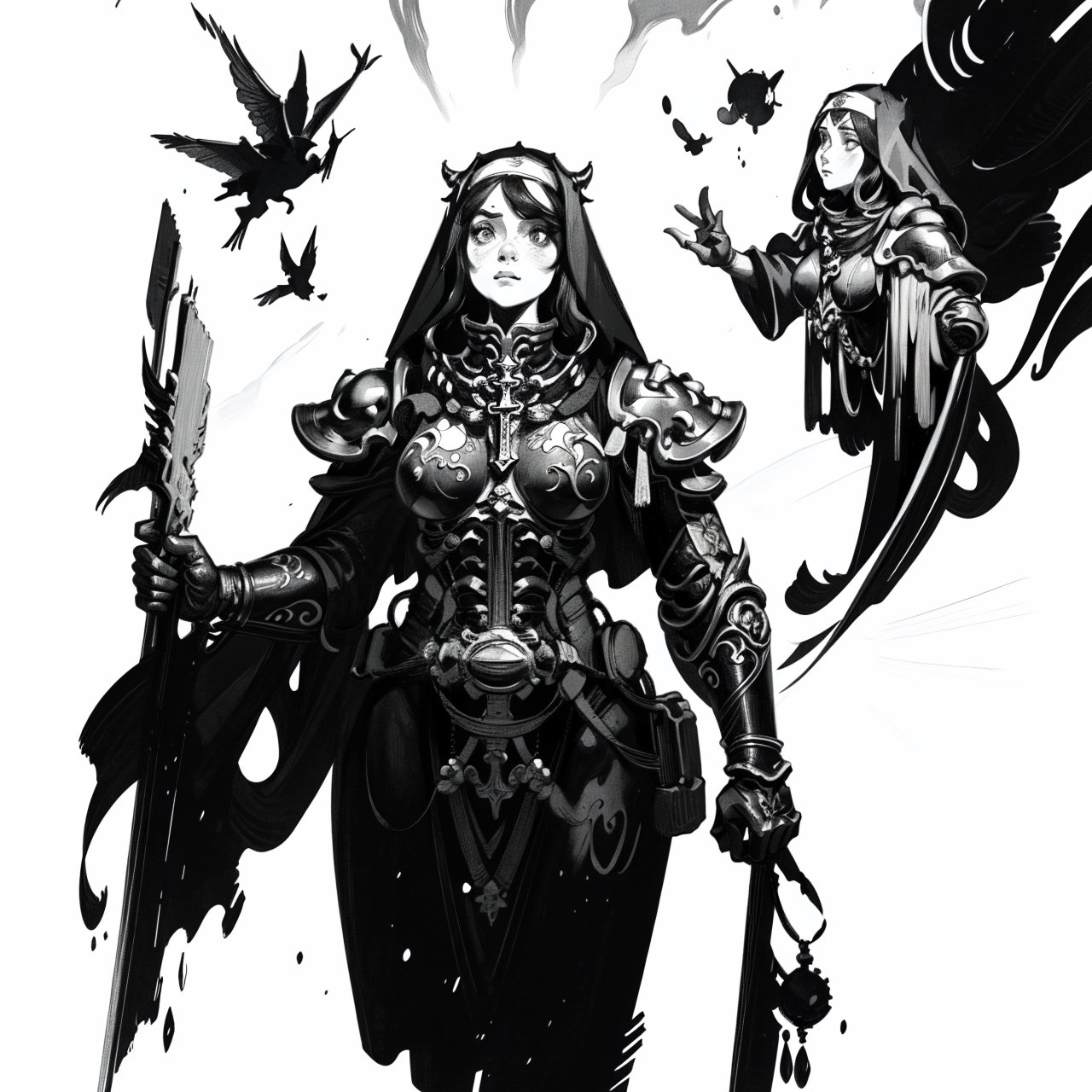 a heavyset fantasy nun warrior wearing ornate armor, 2d fantasy illustration with a simple art nouveau background, (monochrome, ink,)