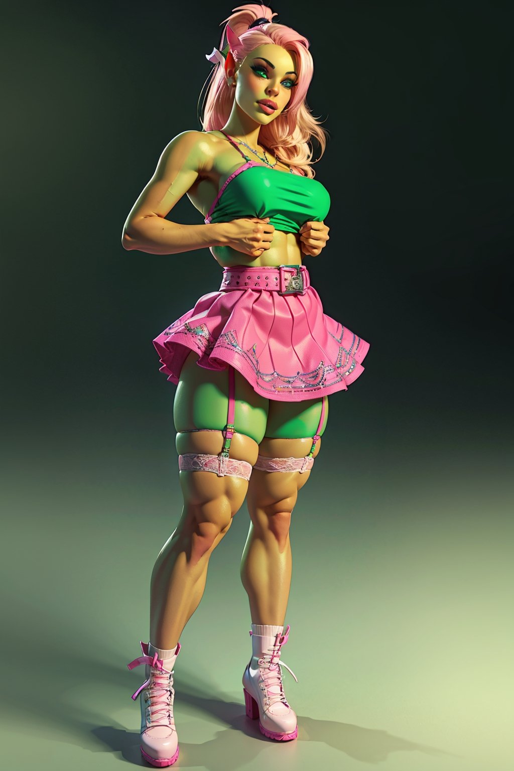 Ultra high resolution, high resolution, (masterpiece: 1.4), hyper-detail, 1girl, full body, blonde hair, middle length hair, blight blue eyes, (((wearing a detailed pink skirt and belt across breasts))), pink sparkles, blonde hair, ponytail, barbie pink color theme, beautiful female, ((green skin)), (pointed ears), full lips, parted_lips, smirk, heavy make-up, smoky eyes, detailed eyes, pretty face, 3DMM, fit girl, white footwear, thigh highs, thin ankles, sexy ankles, (cute pose), sexy, alluring, (thick_thighs), (garter straps:1.1), (latex), (see-through:0.8), shewoworc