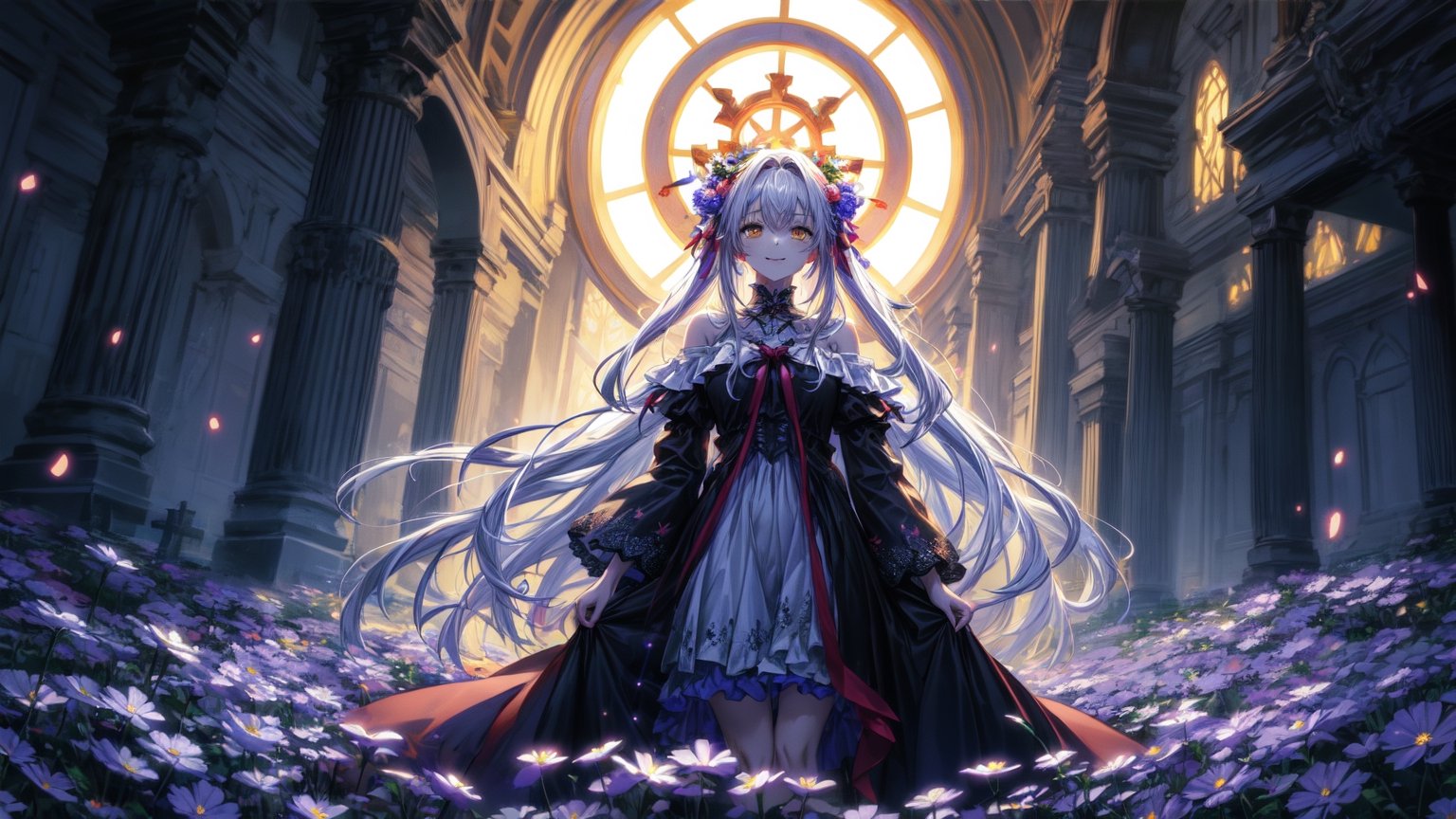 anime, woman in a long dress standing in a field of flowers, best quality, 4k, anime art wallpaper, goddess of death, 4k anime wallpaper, gothic maiden anime girl, anime fantasy artwork, beautiful male god of death, beautiful necromancer, anime epic artwork, flowers, flowing flowers, masterwork, normal face, the flowewr glow intense, 1girl, standing infront of a wooden cross, centered, gravejard, white eyes, smiling,glowing gold,Glowing dots on body,glowingveins,Bio Glowin neon line and dots on skin 