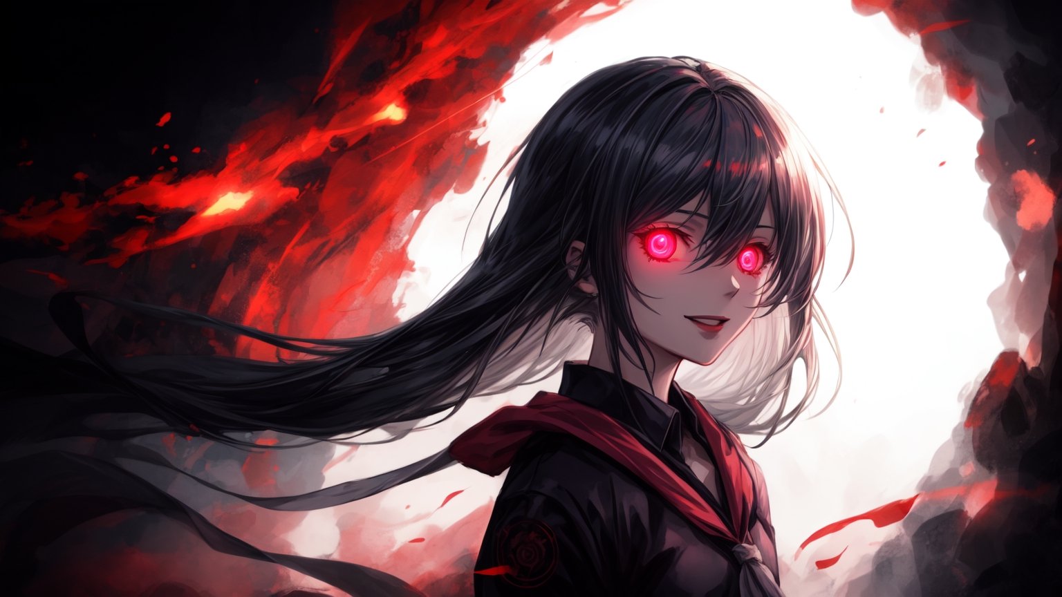 best quality, masterwork, high quality, anime art style, dark background, creepy, whide dmile, glowing eyes, 1girl, complex_background